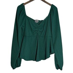 Arula Green Textured Peplum Long Sleeve Blouse